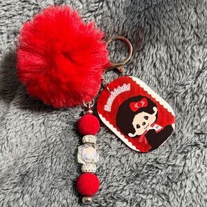Red Pompom Monchichi Keychain or Can be used as a Bag Charm.